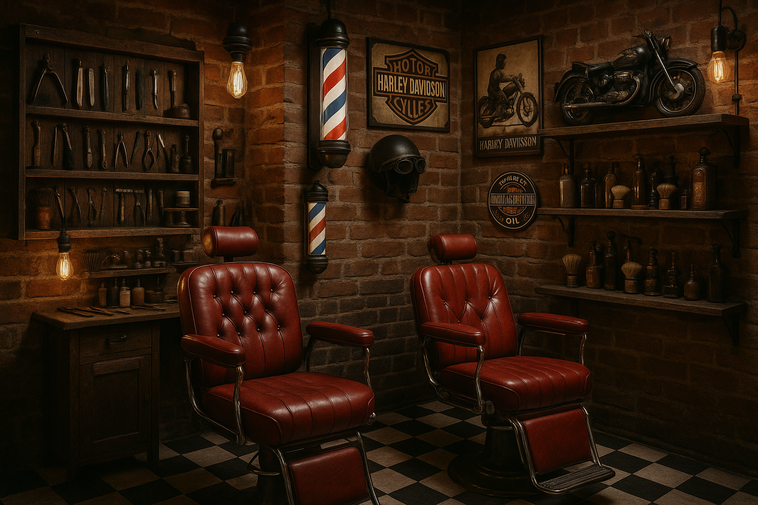 Show a barber shop with an old school biker theme